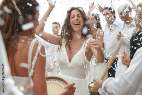 A happy Greek wedding celebration, with guests dancing the traditional syrtaki and smashing plates for good luck. Concept of cultural festivity and matrimonial joy. Generative Ai.