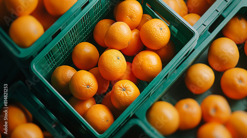 Caixas de plástico verde com laranjas maduras