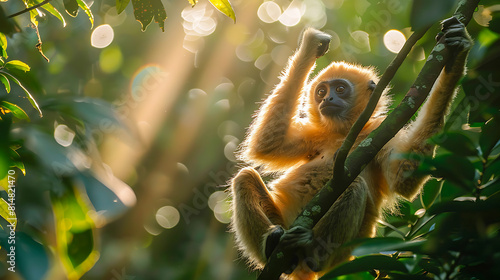 A primate hangs from a tree in a sunlit forest