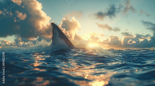 Shark fin on ocean surface in cloudy clear sky at sunset, sea life concept.