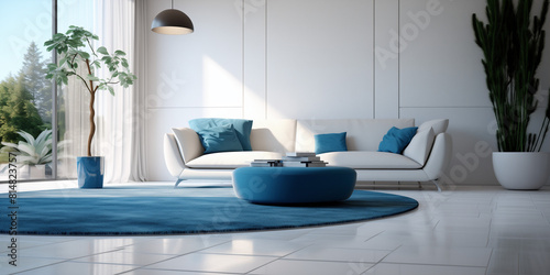  Sleek white tiles with a vibrant blue carpet in an empty modern living room. 