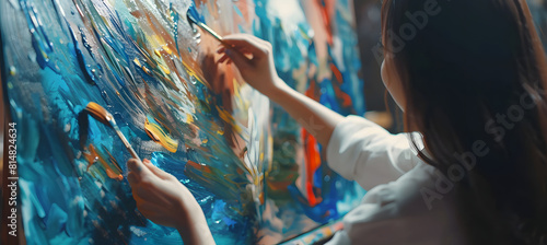 Female artist energetically paints on easel in studio
