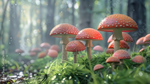 Red and white spotted mushrooms in a dense green forest