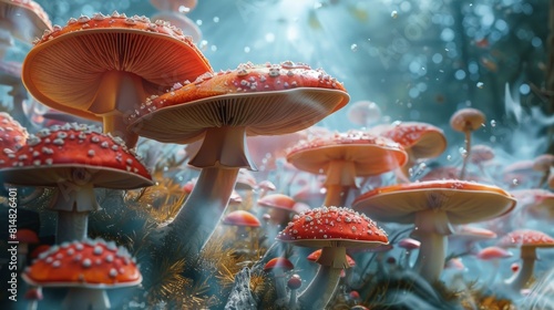 Red and white spotted mushrooms in a dense forest with a blue haze
