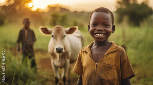 An African boy herds cows at sunset.