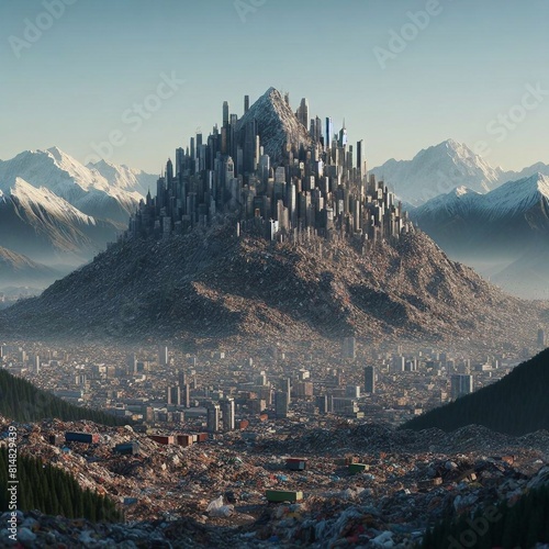 Realistic depiction of a large city drowning in mountains of garbage, an urban landscape. An illustration addressing the themes of ecological issues and urbanization problems.