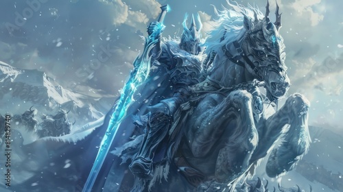 Blue-eyed Frozen Demon Emperor in an ice warrior outfit, holding an ice sword, sitting on an ice ghost horse. with an army of demon horses