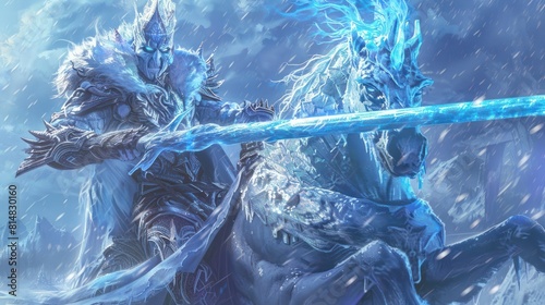 Frozen Demon Emperor with blue fire eyes in an ice warrior outfit, holding an ice sword, sitting on an ice ghost horse. with an army of demon horses behind them