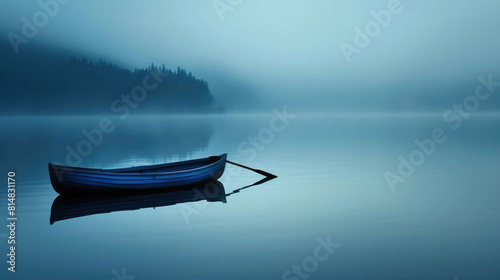 Beautiful landscape of a lake with a boat in the center. The water is calm and still, and the sky is foggy and gray. The only sound is the gentle lapping of the waves 