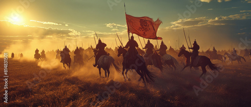 Armored knights on horseback are charging forward. They are carrying swords and lances, and their armor is gleaming in the sun. The knights are riding in formation, and their horses are galloping 