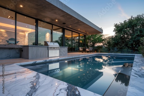 Tranquil twilight suburban dwelling with concrete and glass exterior, marble pool, stainless steel barbecue, full view.