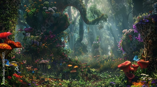 Whimsical scene of oversized flora and fauna in a magical realm
