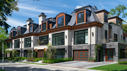 Panorama park side brand new row of three story single family houses Modern design of urban living residences with side private courtyards near large street and fence,Beautiful Home Exterior design 