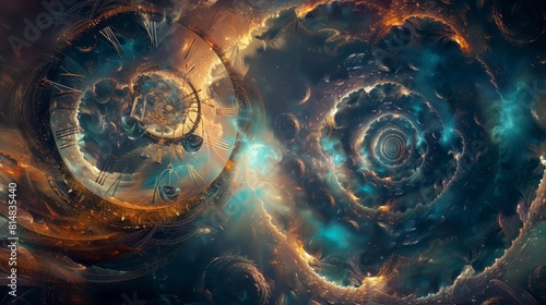 Passage of time with swirling clocks and hourglasses