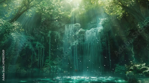 Enchanting waterfall cascading into emerald pools kissed by golden sunlight