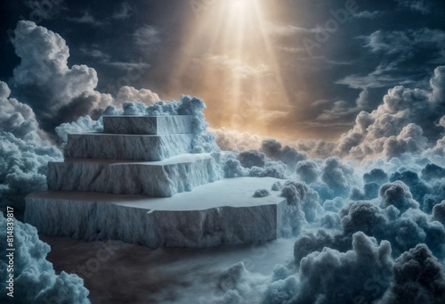 Podio in pietra avvolto tra le nuvole Celeste- Presentazione 3D