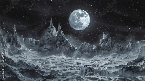 Surreal moonscape illuminated by ethereal moonlight with silvery gray and lunar white