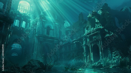 Forgotten underwater city with cerulean blue and seafoam green melding into shadows