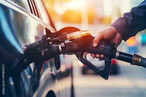 The process of refueling a car at a gas station.A refueling nozzle is inserted into the car tank, close-up.