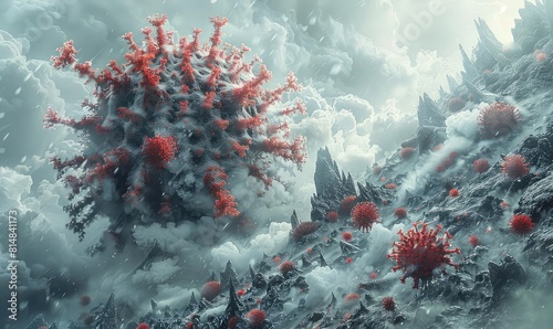 Conceptual 3D artwork of a world wrapped in coronavirus structure, apocalyptic mood, side angle