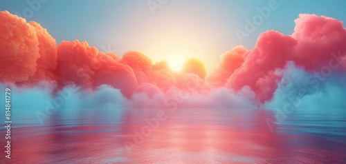colorful cloud drifting over water with light shine from horizon, beautiful dreamy whimsical background, Generative Ai