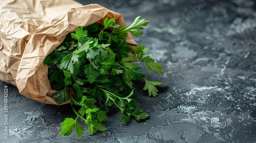 Fresh organic parsley in a paper bag on a dark background.