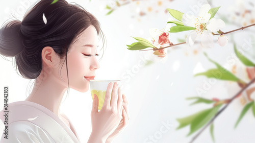 Japanese lady gracefully sipping on a cup of fragrant jasmine tea