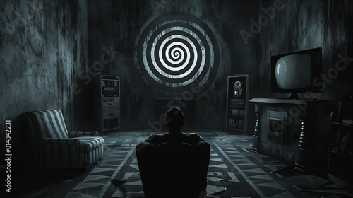 dark room with a silhouette of a person sitting and watching TV displays a hypnotizing spiral.