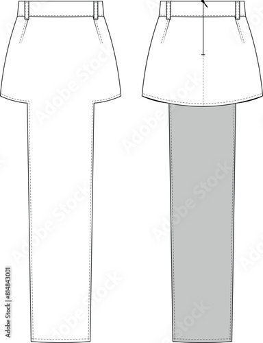 darted asymmetric hem long in front zippered mini long maxi a-line skirt template technical drawing flat sketch cad mockup fashion woman design style model 