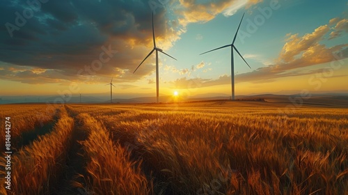 Showcase a wind farm in a rural landscape, symbolizing the company's investment in clean energy solutions (Environment) --ar 16:9 --style raw --stylize 750 Job ID: 51a43fed-9e41-4f95-8111-35cb3447f75f