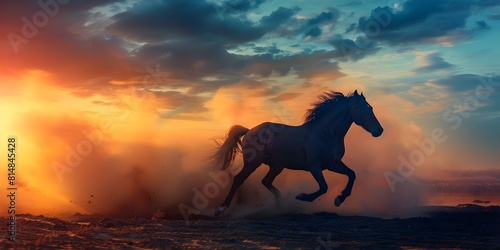 Horses running in the desert under a cloudy sky with a dust trail behind them. Concept Animal Photography, Nature Scenes, Action Shots, Wildlife Captures, Dramatic Skies