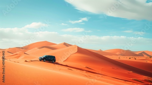 Car as it conquers a desert dune, its sleek silhouette standing out against the vast expanse of sand and blue sky