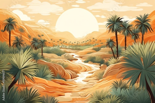 An oasis in the middle of the desert with palm trees and a river running through it.