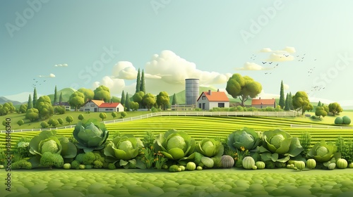 The image shows a beautiful landscape with a green field, a small village, and a blue sky. The image is very peaceful and relaxing.