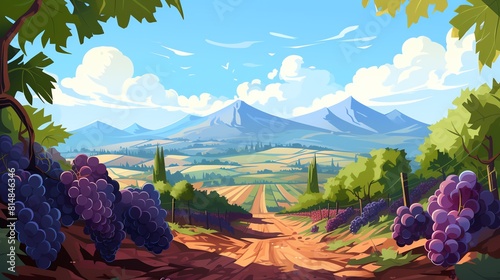 The image shows a beautiful landscape with a long road going through a valley with mountains in the distance. On both sides of the road there are vineyards with ripe grapes.