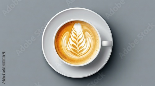  A cup of cappuccino on a saucer, adorned with a delicate leaf design atop the foam