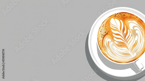  A cup of coffee on a saucer, topped with a cappuccino foam leaf drawing