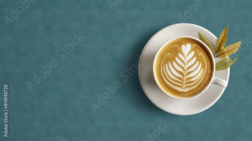  A cappuccino on a saucer topped with a leaf