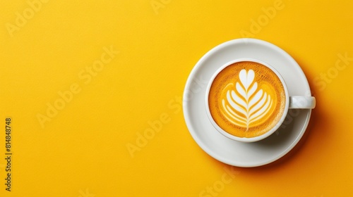  A cup of cappuccino on a saucer, adorned with a leaf design on the crema