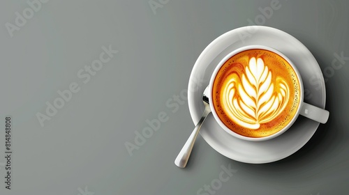  A cup of cappuccino on a saucer with a spoon in a gray background