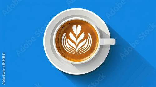  Blue background with cappuccino cup & leaf shadow
