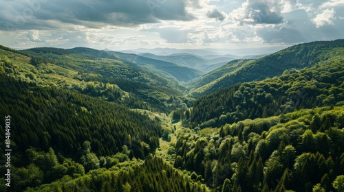 Aerial view of the Carpathian Mountains in Romania, stretching across the landscape with dense forests and rich biodivers