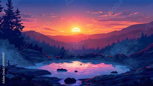 Sunset Hot Springs Vista: The sun sets over a spectacular hot spring, casting vibrant colors across the steamy waters. Flat design backdrop concept.