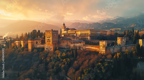 Aerial view of the Alhambra in Granada, Spain, a stunning example of medieval Islamic architecture set against the backdr