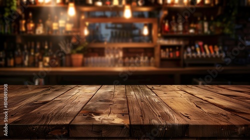 Empty wooden table and countertop with blurred bar background for product placement design. copy space for text