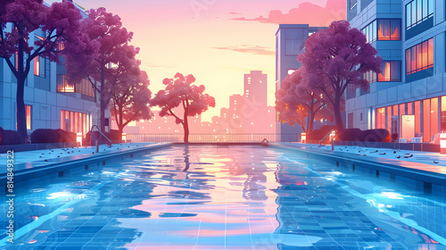 Urban Thermal Springs: A Flat Design Backdrop Offering a Unique Relaxation Spot in the Heart of the City amidst Bustling Streets Flat Illustration