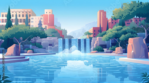 Urban Thermal Springs: A Unique Relaxation Spot in the Heart of the City Flat Design Backdrop Concept