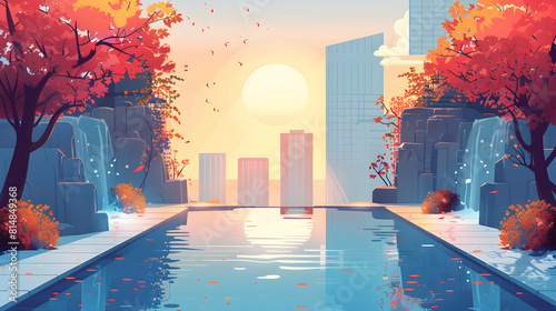 Urban Thermal Springs: A Modern Oasis in the Heart of the City Flat Design Backdrop Concept Offering Unique Relaxation amidst Urban Bustle
