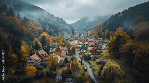 Aerial view of the Black Forest in Germany, known for its dense evergreen forests and picturesque villages, a fairy-tale