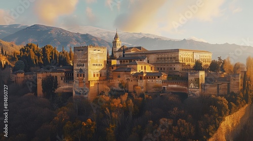 Aerial view of the Alhambra in Granada, Spain, a stunning example of medieval Islamic architecture set against the backdr